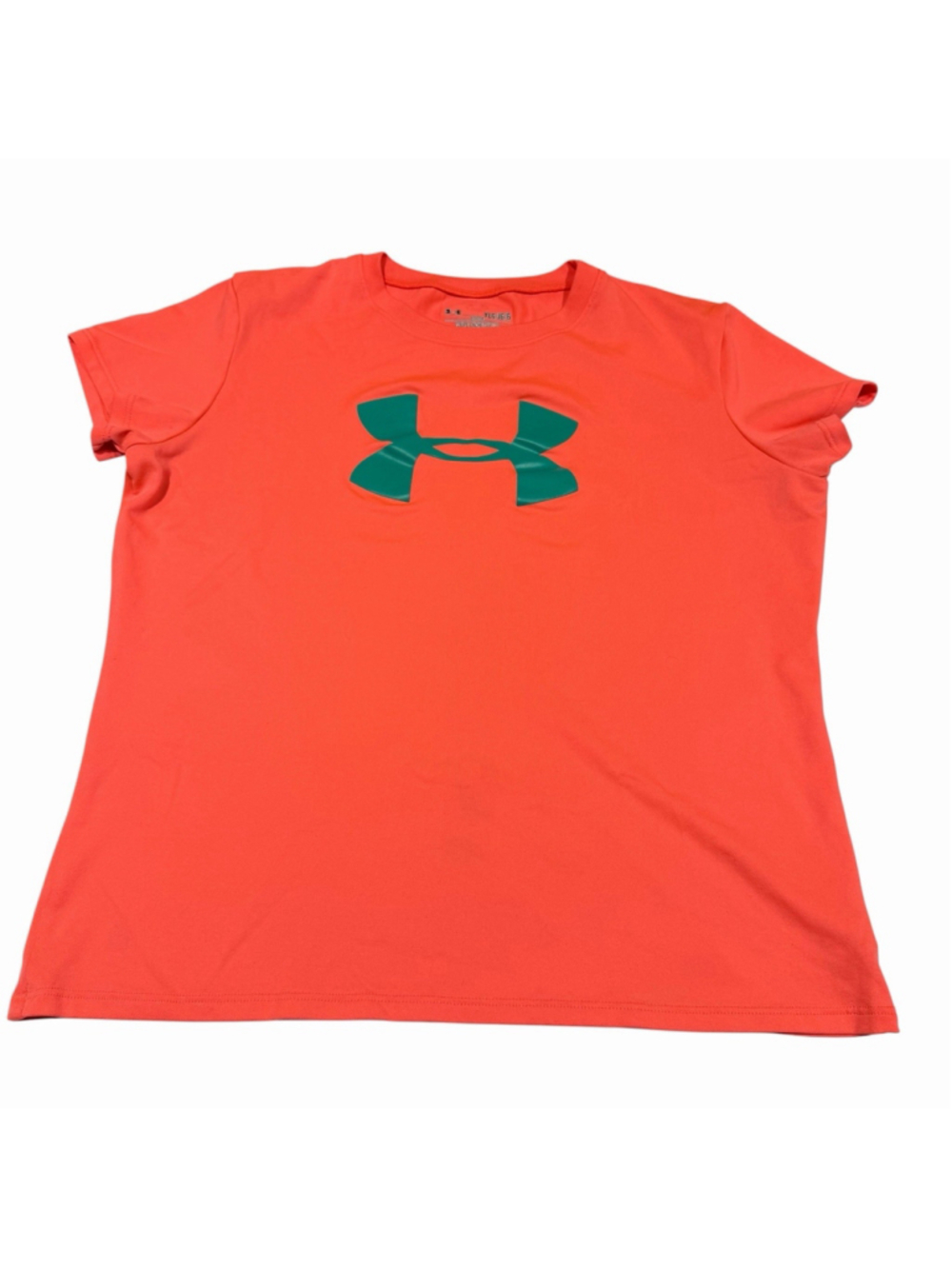Under Armour Girls HeatGear Neon Coral Logo Athletic Shirt Youth Large READ Flaw